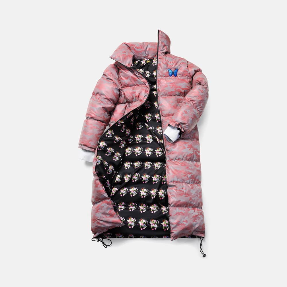 Variation of flat lay with pink ladies' long puffer