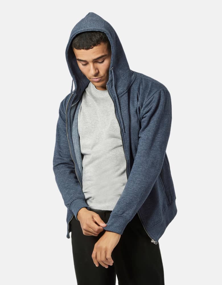 Male model in blue hoodie with grey tee